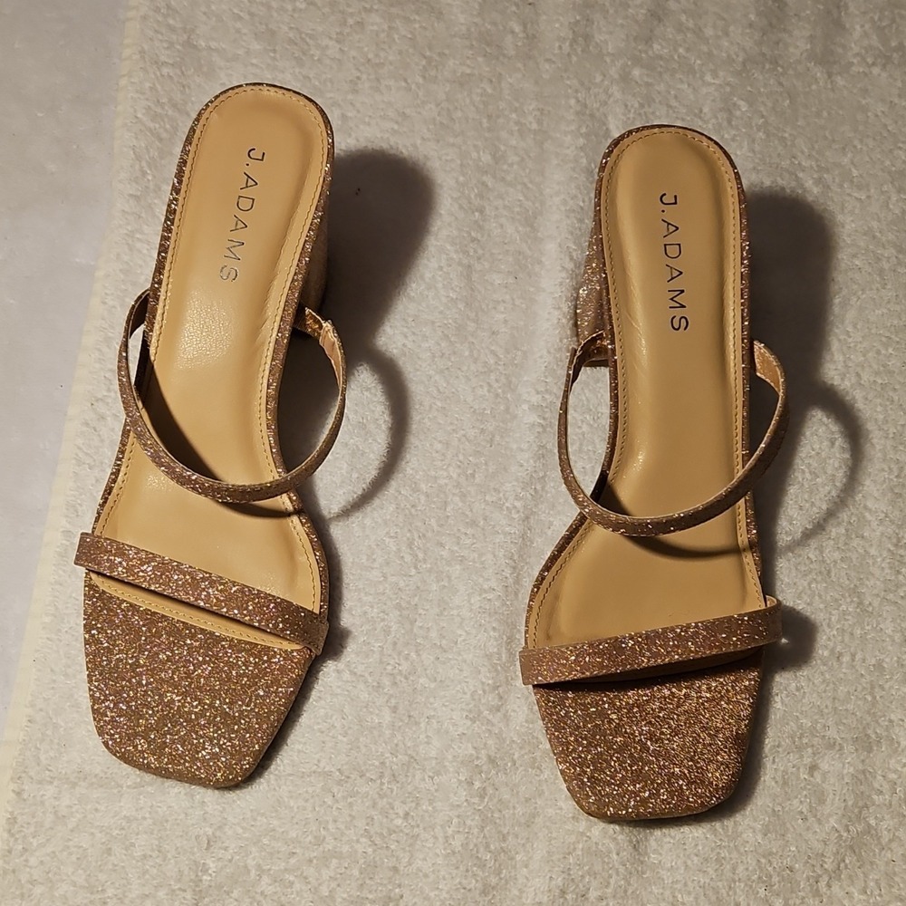 J. Adams Champagne Synthetic Strappy Block Heel Glitter Sandals Women's 10